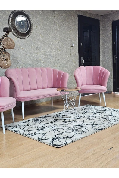 Beyaz Boyalı Sivriltme Ayak Pembe Döşeme Papatya Çay Seti Koltuk Takımı , Balkon, Salon, Ofis, Cafe Koltuk Takımı - 5