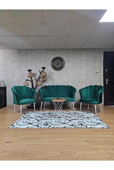 Beyaz Boyalı Sivriltme Ayak Yeşil Döşeme Papatya Çay Seti Koltuk Takımı , Balkon, Salon, Ofis, Cafe Koltuk Takımı
