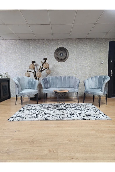 Siyah Boyalı Tel Ayak Gri Döşeme Papatya Çay Seti Koltuk Takımı , Balkon, Salon, Ofis, Cafe Koltuk Takımı