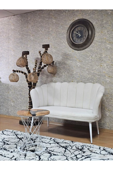 İkili Beyaz Boyalı Sivriltme Ayak Krem Döşeme Papatya Çay Seti Koltuk Takımı , Balkon, Salon, Ofis, Cafe Koltuk Takımı - Resim 3