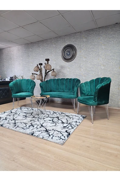 Krom Tel Ayak Yeşil Döşeme Papatya Çay Seti Koltuk Takımı , Balkon, Salon, Ofis, Cafe Koltuk Takımı - 5