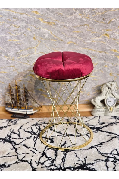 Yuvarlak Gold Kaplama Pota - Bordo Babyface Kumaş Puf , Bench , Puf Oturak , Bench , Ayak Ucu Oturak , Tabure , Makyaj Oturak ürün görseli 1