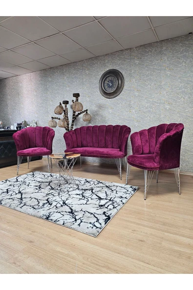 Krom Tel Ayak Bordo Döşeme Papatya Çay Seti Koltuk Takımı , Balkon, Salon, Ofis, Cafe Koltuk Takımı - 6