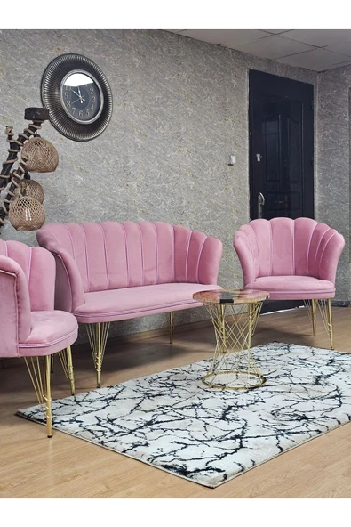Gold Kaplama Tel Ayak Pembe Döşeme Papatya Çay Seti Koltuk Takımı , Balkon, Salon, Ofis, Cafe Koltuk Takımı - 7