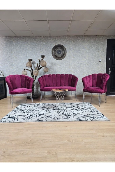 Krom Tel Ayak Bordo Döşeme Papatya Çay Seti Koltuk Takımı , Balkon, Salon, Ofis, Cafe Koltuk Takımı