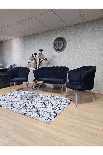 Krom Tel Ayak Siyah Döşeme Papatya Çay Seti Koltuk Takımı , Balkon, Salon, Ofis, Cafe Koltuk Takımı - 6