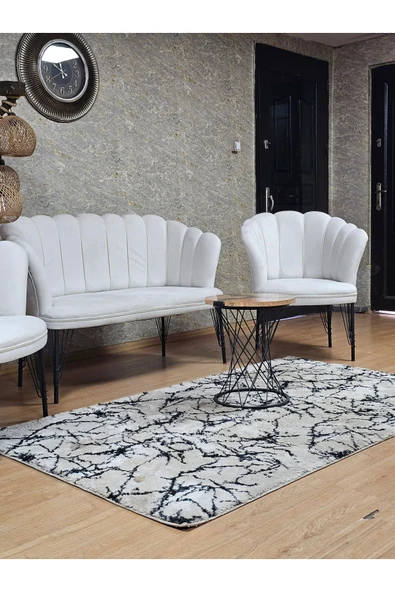 Siyah Boyalı Tel Ayak Krem Döşeme Papatya Çay Seti Koltuk Takımı , Balkon, Salon, Ofis, Cafe Koltuk Takımı - 5