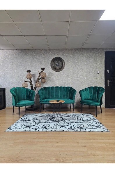 Siyah Boyalı Sivriltme Ayak Yeşil Döşeme Papatya Çay Seti Koltuk Takımı , Balkon, Salon, Ofis, Cafe Koltuk Takımı