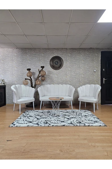 Beyaz Boyalı Sivriltme Ayak Krem Döşeme Papatya Çay Seti Koltuk Takımı , Balkon, Salon, Ofis, Cafe Koltuk Takımı