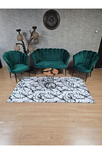 Siyah Boyalı Sivriltme Ayak Yeşil Döşeme Papatya Çay Seti Koltuk Takımı , Balkon, Salon, Ofis, Cafe Koltuk Takımı - 3