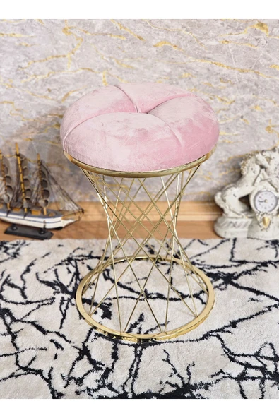 Yuvarlak Gold  Kaplama  Pota - Pembe Babyface Kumaş  Puf , Bench , Puf Oturak , Bench , Ayak Ucu Oturak , Tabure , Makyaj Oturak