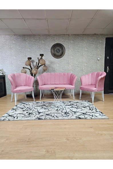 Beyaz Boyalı Tel Ayak Pembe Döşeme Papatya Çay Seti Koltuk Takımı , Balkon, Salon, Ofis, Cafe Koltuk Takımı