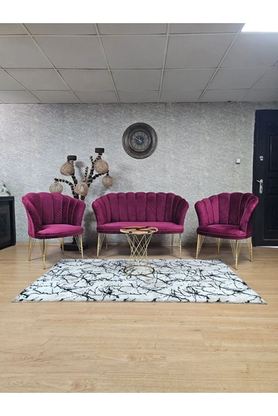 Gold Kaplama Tel Ayak Bordo Döşeme Papatya Çay Seti Koltuk Takımı , Balkon, Salon, Ofis, Cafe Koltuk Takımı