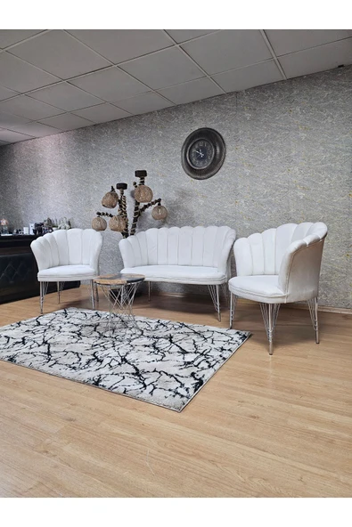 Krom Tel Ayak Krem Döşeme Papatya Çay Seti Koltuk Takımı , Balkon, Salon, Ofis, Cafe Koltuk Takımı - 6