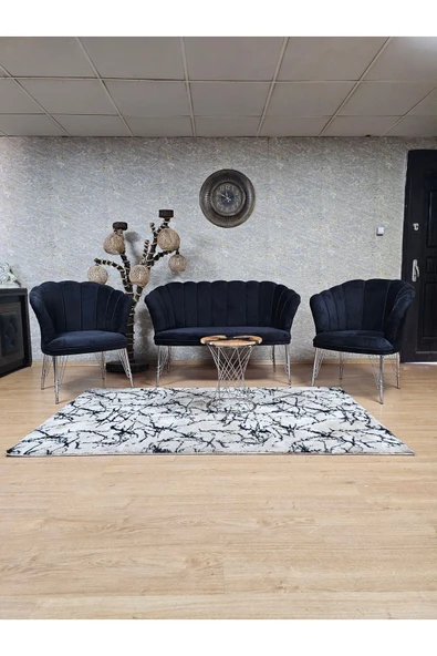 Krom Tel Ayak Siyah Döşeme Papatya Çay Seti Koltuk Takımı , Balkon, Salon, Ofis, Cafe Koltuk Takımı