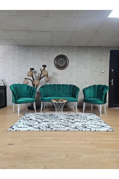 Beyaz Boyalı Tel Ayak Yeşil Döşeme Papatya Çay Seti Koltuk Takımı , Balkon, Salon, Ofis, Cafe Koltuk Takımı
