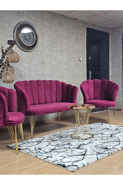 Gold Kaplama Tel Ayak Bordo Döşeme Papatya Çay Seti Koltuk Takımı , Balkon, Salon, Ofis, Cafe Koltuk Takımı - 5