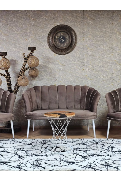 Beyaz Boyalı Sivriltme Ayak Kahverengi Döşeme Papatya Çay Seti Koltuk Takımı , Balkon, Salon, Ofis, Cafe Koltuk Takımı - Resim 2