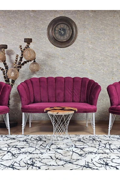 Beyaz Boyalı Tel Ayak Bordo Döşeme Papatya Çay Seti Koltuk Takımı , Balkon, Salon, Ofis, Cafe Koltuk Takımı - 2