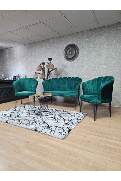 Siyah Boyalı Tel Ayak Yeşil Döşeme Papatya Çay Seti Koltuk Takımı , Balkon, Salon, Ofis, Cafe Koltuk Takımı - 6