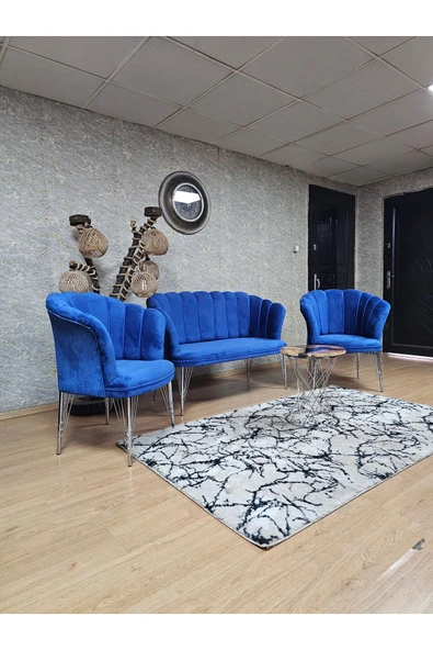 Krom Tel Ayak Mavi Döşeme Papatya Çay Seti Koltuk Takımı , Balkon, Salon, Ofis, Cafe Koltuk Takımı - 4