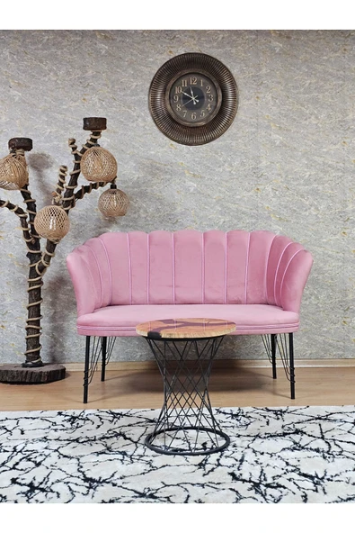 İkili Siyah Boyalı Tel Ayak Pembe Döşeme Papatya Çay Seti Koltuk Takımı , Balkon, Salon, Ofis, Cafe Koltuk Takımı