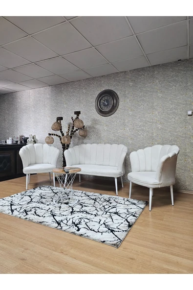Beyaz Boyalı Sivriltme Ayak Krem Döşeme Papatya Çay Seti Koltuk Takımı , Balkon, Salon, Ofis, Cafe Koltuk Takımı - 6