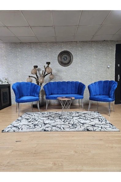 Krom Tel Ayak Mavi Döşeme Papatya Çay Seti Koltuk Takımı , Balkon, Salon, Ofis, Cafe Koltuk Takımı