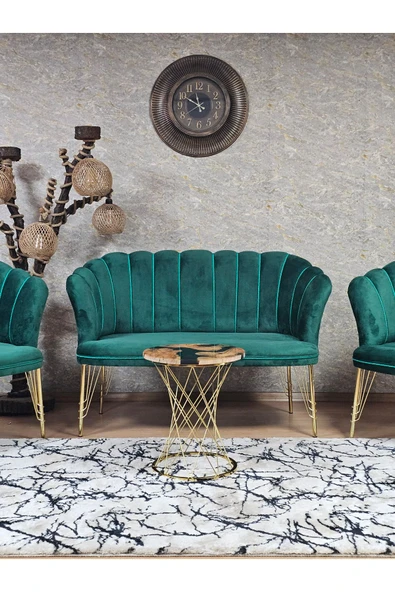 Gold Kaplama Tel Ayak Yeşil Döşeme Papatya Çay Seti Koltuk Takımı , Balkon, Salon, Ofis, Cafe Koltuk Takımı - 2