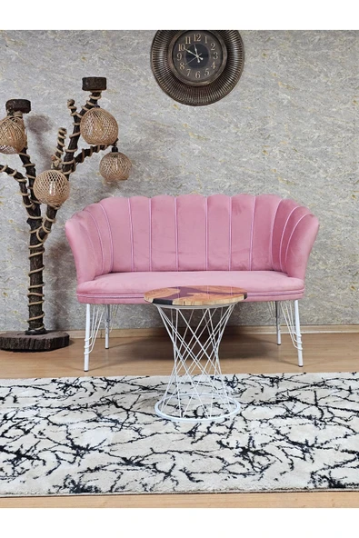 İkili Beyaz Boyalı Tel Ayak Pembe Döşeme Papatya Çay Seti Koltuk Takımı , Balkon, Salon, Ofis, Cafe Koltuk Takımı