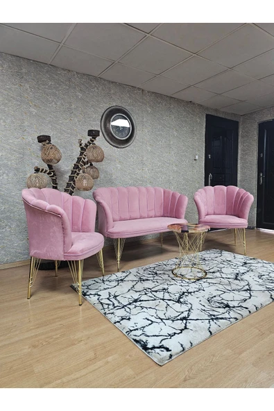 Gold Kaplama Tel Ayak Pembe Döşeme Papatya Çay Seti Koltuk Takımı , Balkon, Salon, Ofis, Cafe Koltuk Takımı - 6
