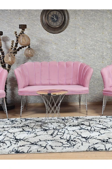 Krom Tel Ayak Pembe Döşeme Papatya Çay Seti Koltuk Takımı , Balkon, Salon, Ofis, Cafe Koltuk Takımı - 3