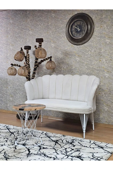 İkili Beyaz Boyalı Tel Ayak Krem Döşeme Papatya Çay Seti Koltuk Takımı , Balkon, Salon, Ofis, Cafe Koltuk Takımı - 4