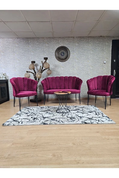 Siyah Boyalı Tel Ayak Bordo Döşeme Papatya Çay Seti Koltuk Takımı , Balkon, Salon, Ofis, Cafe Koltuk Takımı