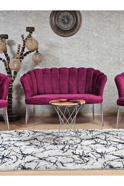 Krom Tel Ayak Bordo Döşeme Papatya Çay Seti Koltuk Takımı , Balkon, Salon, Ofis, Cafe Koltuk Takımı - 2