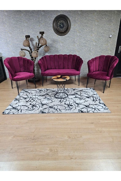 Siyah Boyalı Tel Ayak Bordo Döşeme Papatya Çay Seti Koltuk Takımı , Balkon, Salon, Ofis, Cafe Koltuk Takımı - 3