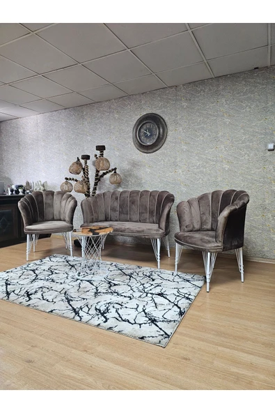 Beyaz Boyalı Tel Ayak Kahverengi Döşeme Papatya Çay Seti Koltuk Takımı , Balkon, Salon, Ofis, Cafe Koltuk Takımı - 6