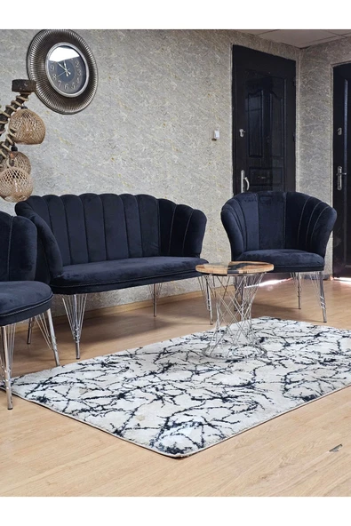 Krom Tel Ayak Siyah Döşeme Papatya Çay Seti Koltuk Takımı , Balkon, Salon, Ofis, Cafe Koltuk Takımı - 5