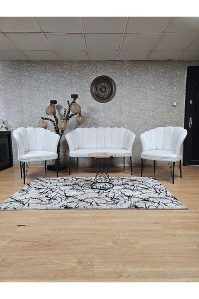 Siyah Boyalı Tel Ayak Krem Döşeme Papatya Çay Seti Koltuk Takımı , Balkon, Salon, Ofis, Cafe Koltuk Takımı