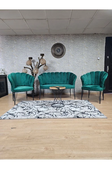 Siyah Boyalı Tel Ayak Yeşil Döşeme Papatya Çay Seti Koltuk Takımı , Balkon, Salon, Ofis, Cafe Koltuk Takımı
