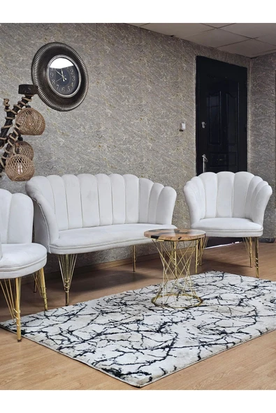 Gold Kaplama Tel Ayak Krem Döşeme Papatya Çay Seti Koltuk Takımı , Balkon, Salon, Ofis, Cafe Koltuk Takımı - 5