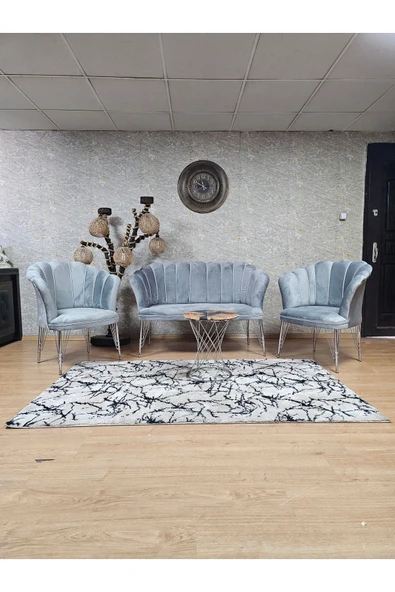 Krom Tel Ayak Gri Döşeme Papatya Çay Seti Koltuk Takımı , Balkon, Salon, Ofis, Cafe Koltuk Takımı