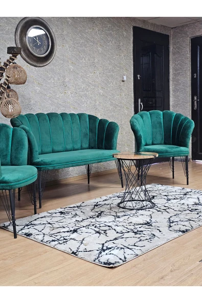 Siyah Boyalı Tel Ayak Yeşil Döşeme Papatya Çay Seti Koltuk Takımı , Balkon, Salon, Ofis, Cafe Koltuk Takımı - 5