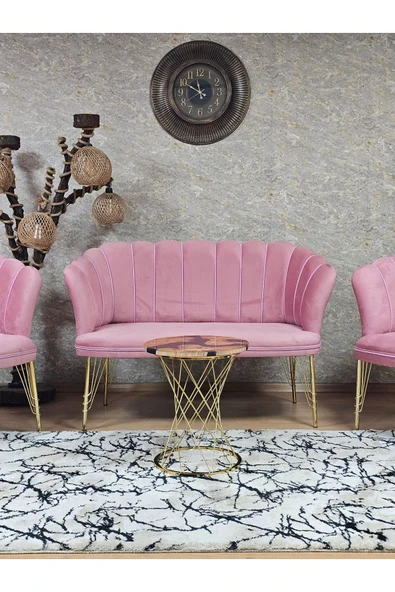 Gold Kaplama Tel Ayak Pembe Döşeme Papatya Çay Seti Koltuk Takımı , Balkon, Salon, Ofis, Cafe Koltuk Takımı - 2