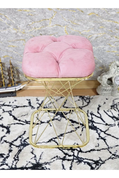 Kare Gold Kaplama  Pota - Pembe Babyface Kumaş  Puf , Bench , Puf Oturak , Bench , Ayak Ucu Oturak , Tabure , Makyaj Oturak