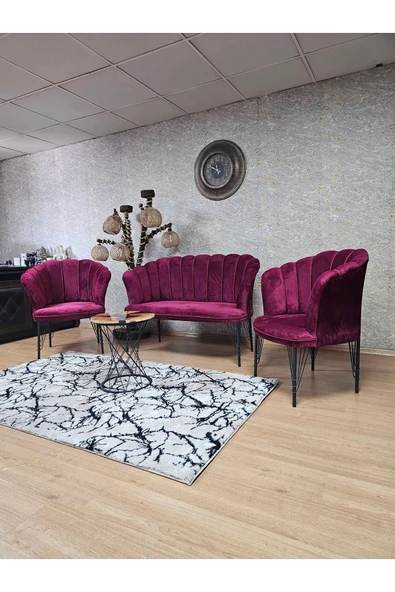 Siyah Boyalı Tel Ayak Bordo Döşeme Papatya Çay Seti Koltuk Takımı , Balkon, Salon, Ofis, Cafe Koltuk Takımı - 6