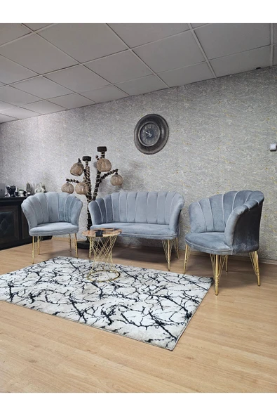 Gold Kaplama Tel Ayak Gri Döşeme Papatya Çay Seti Koltuk Takımı , Balkon, Salon, Ofis, Cafe Koltuk Takımı - 8