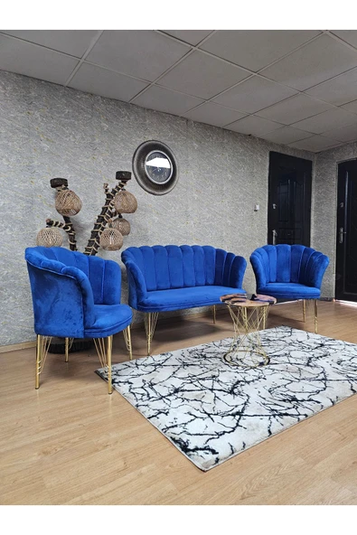Gold Kaplama Tel Ayak Mavi Döşeme Papatya Çay Seti Koltuk Takımı , Balkon, Salon, Ofis, Cafe Koltuk Takımı - 4