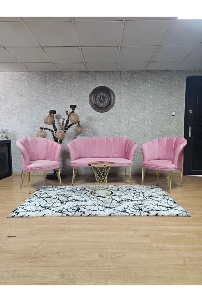 Gold Kaplama Tel Ayak Pembe Döşeme Papatya Çay Seti Koltuk Takımı , Balkon, Salon, Ofis, Cafe Koltuk Takımı