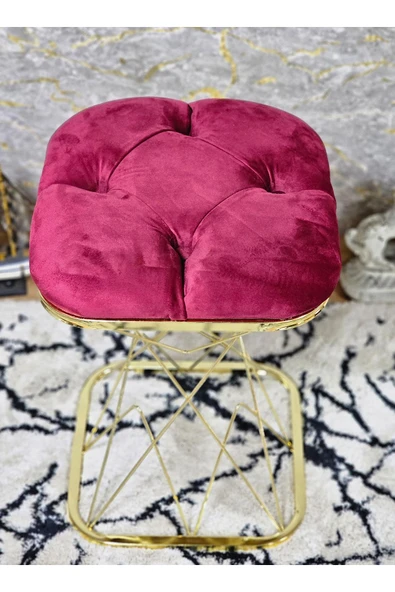 Kare Gold Kaplama  Pota - Bordo Babyface Kumaş  Puf , Bench , Puf Oturak , Bench , Ayak Ucu Oturak , Tabure , Makyaj Oturak - 3